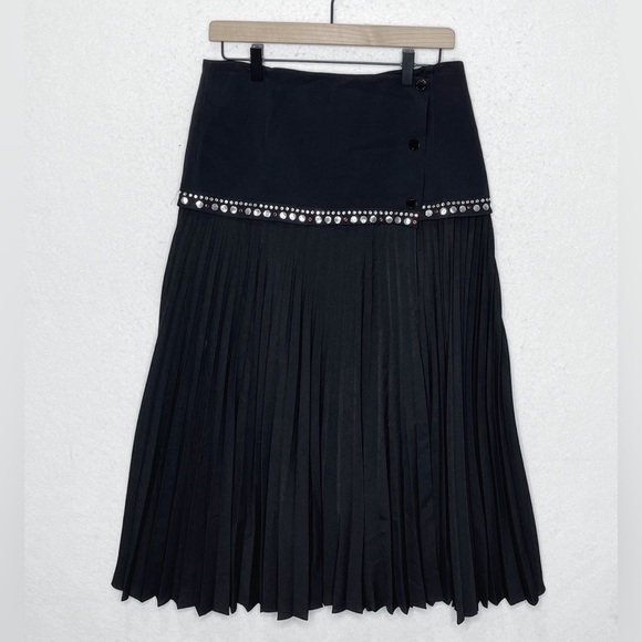 Sandro Paris Stud Embellished Midi Pleated Black Debby Wrap Skirt Size 3 US 8 - Picture 6 of 12